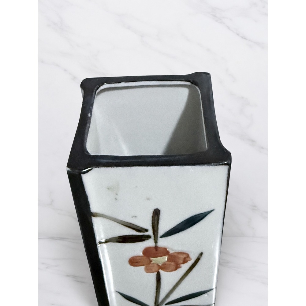 Vintage Japanese Square Ceramic Flower Vase Hand Painted Orange Floral Bamboo 7" - Picture 5 of 8